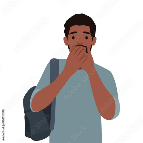 Man wearing a backpack covers his mouth with both hands, conveying shock, concern, or disbelief. Flat vector illustration isolated on white background