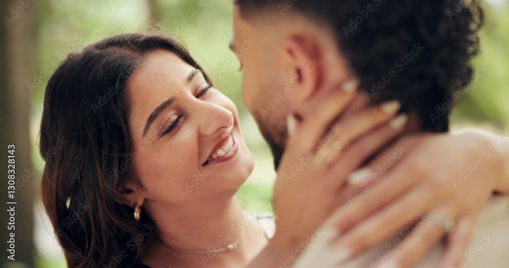 Happy, love and couple in park together for bonding, dating and commitment outdoors. Nature, face and man and woman talking and embrace for affection, relationship and hug for romance on weekend Happy, love and couple in park together for bonding, dating and commitment outdoors. Nature, face and man and woman talking and embrace for affection, relationship and hug for romance on weekend