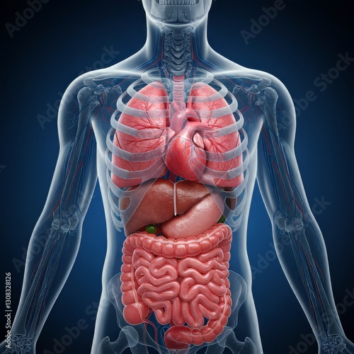 Human Anatomy Illustration Showing Internal Organs and Skeletal System