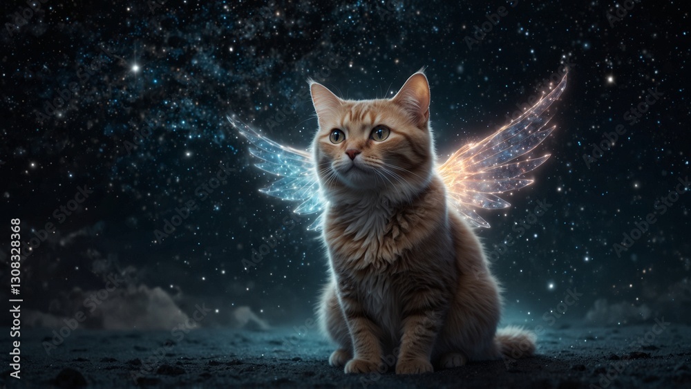 A cat with ethereal glowing wings, floating in a night sky full of stars.