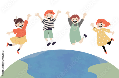 地球の上で笑顔でジャンプする子ども達
