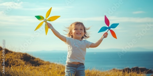 Joyful Toddler Holding Colorful Pinwheels on a Grassy Hill Overlooking the Ocean on a Windy Day