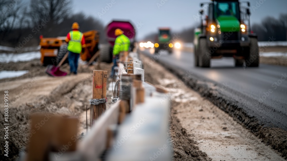 Fototapeta premium Road Construction Asphalt Paving Workers Machinery Highway