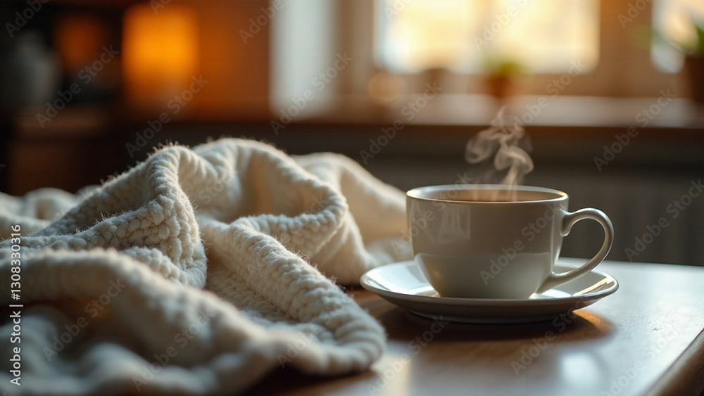 A cozy, warm scene on a table featuring a soft blanket, a steaming mug of hot tea, and a box of tissues. Depict a sense of comfort and respite from cold or flu symptoms. Deep, warm lighting. Focus A cozy, warm scene on a table featuring a soft blanket, a steaming mug of hot tea, and a box of tissues. Depict a sense of comfort and respite from cold or flu symptoms. Deep, warm lighting. Focus