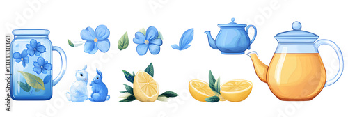   Blue flower, iced tea with lemon, and a set of rabbit icons on a transparent background.
