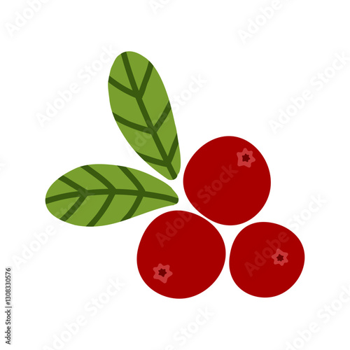 Autumn red cranberry with green leaves. Hand drawn wild berrie logo. Isolated vector illustration on white background