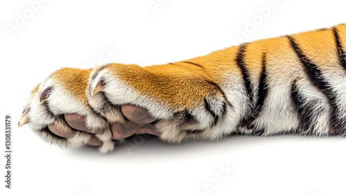 Closeup single tiger paw white background, highly detailed, wildlife animal part focus photo