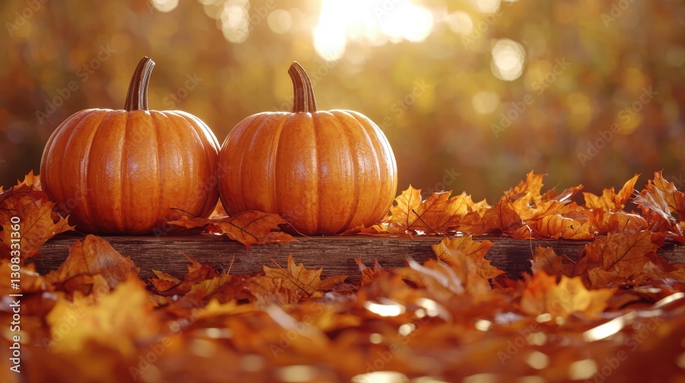 Two orange pumpkins resting on a weathered log surrounded by autumn leaves in natural light Two orange pumpkins resting on a weathered log surrounded by autumn leaves in natural light