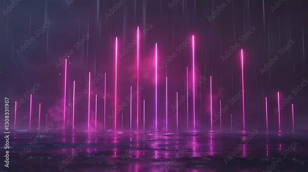 Glowing pink neon lines rising from reflective surface in dark environment. Glowing pink neon lines rising from reflective surface in dark environment.