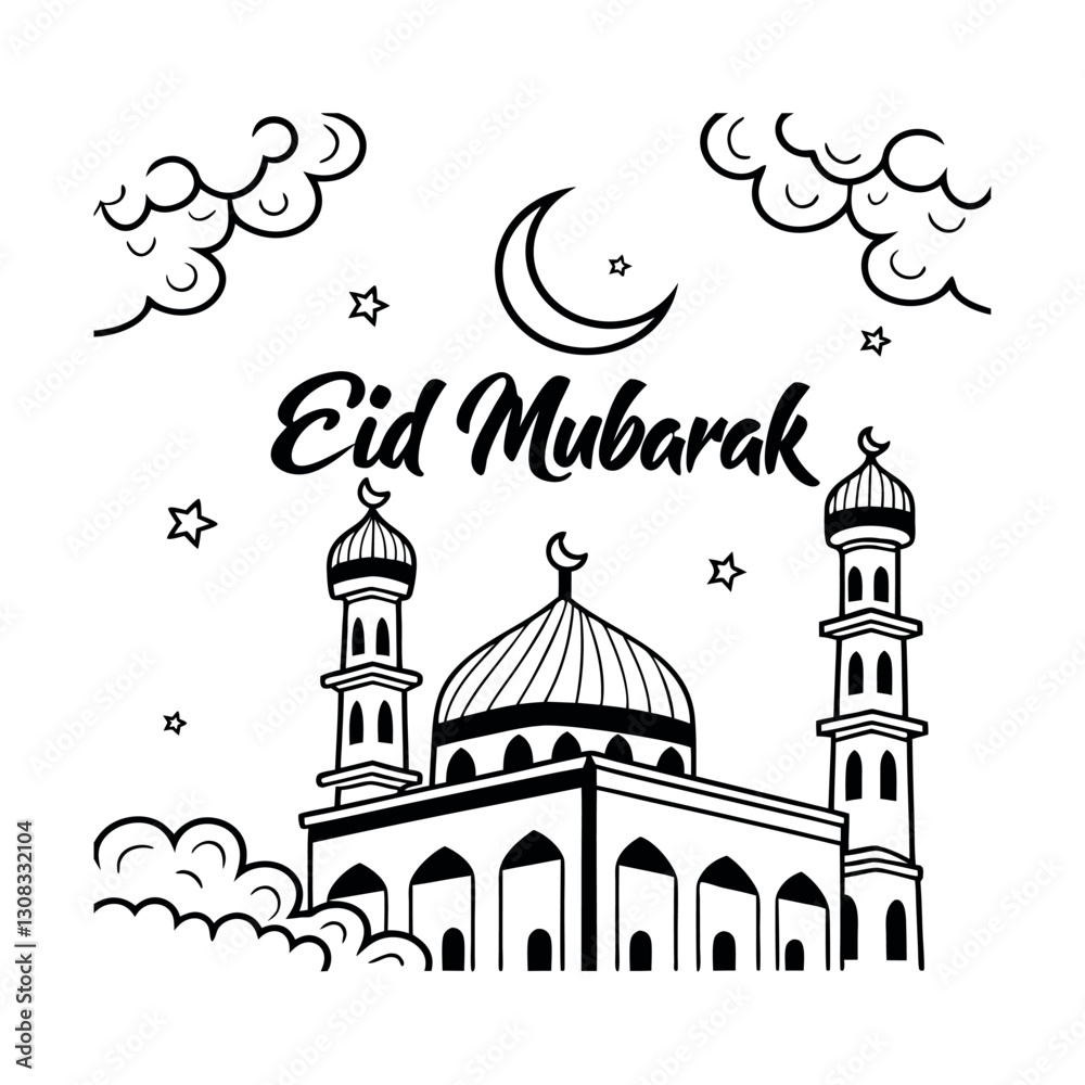 Fototapeta premium Hand-drawn vector illustration of a mosque with crescent moon, stars, and clouds, featuring