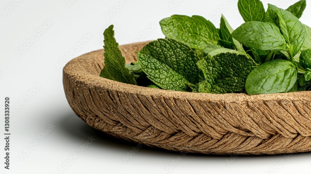 Fresh mint leaves arranged artfully in a rustic, woven wooden bowl, a visual symphony of natural beauty and culinary delight, presented against a pristine white backdrop, highlighting the vibrant