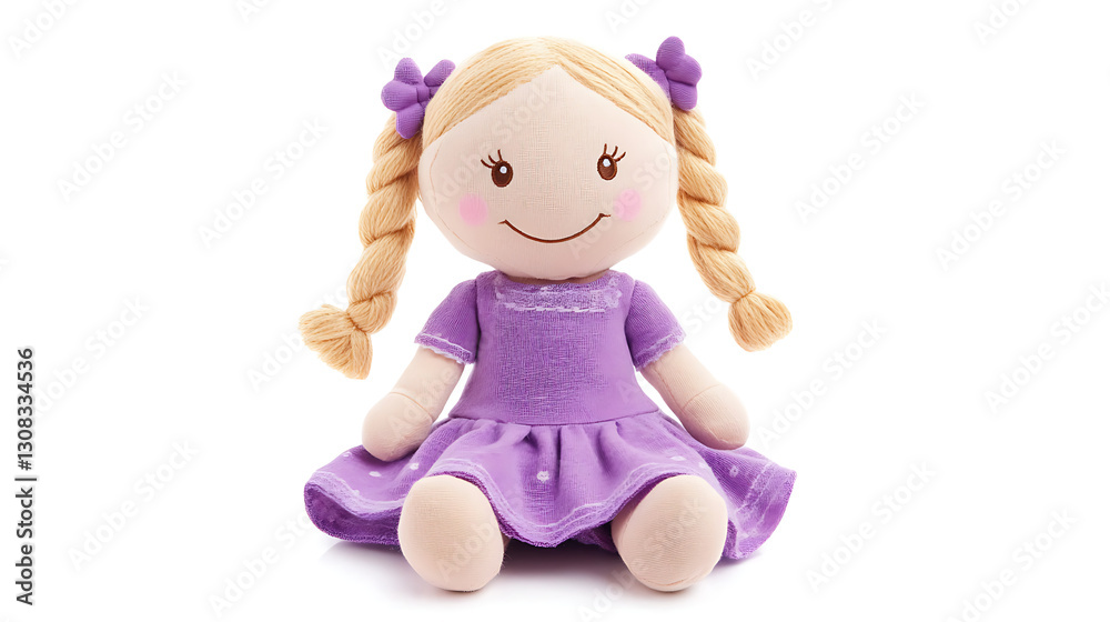 Adorable cute plush doll with a smiling face, blonde braided hair and a purple dress, isolated on a white background. Adorable cute plush doll with a smiling face, blonde braided hair and a purple dress, isolated on a white background.