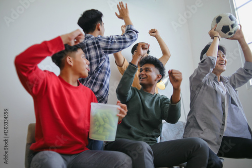 Portrait Togetherness Of Diverse Supporter Friends Celebrating Favorite Football Club Win The Game photo