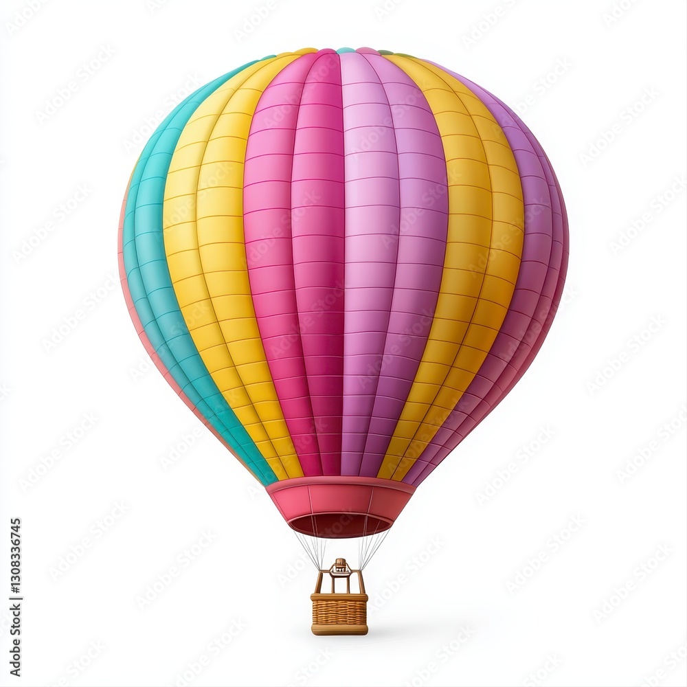 Fototapeta premium Stunning hot air balloon soaring high above the countryside with lush green fields and clear skies surrounding it