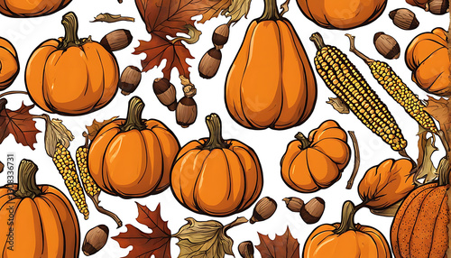 autumn pumpkins surrounded by acorns and dried corn