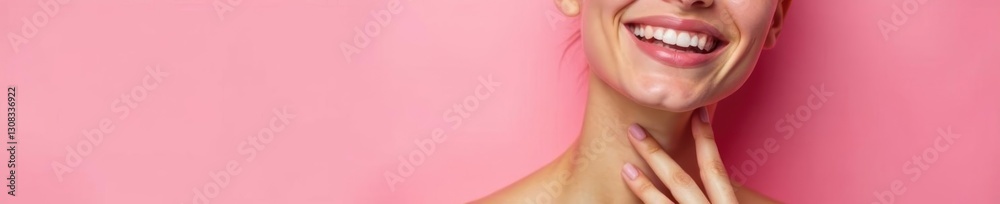 Fototapeta premium Smiling face, neck touch, pastel pink background, photography, smiling, makeup