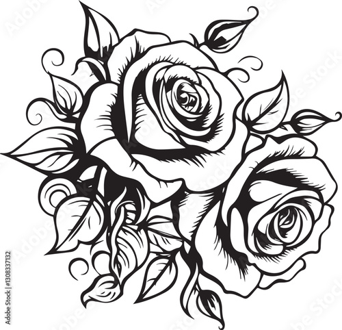 Elegant Floral Rose Tattoo Design with Loves and Swirls . hand-drawn white and black roses