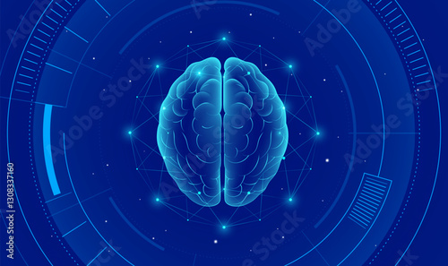 Techno style horizontal illustration Human brain Artificial intelligence abstract background