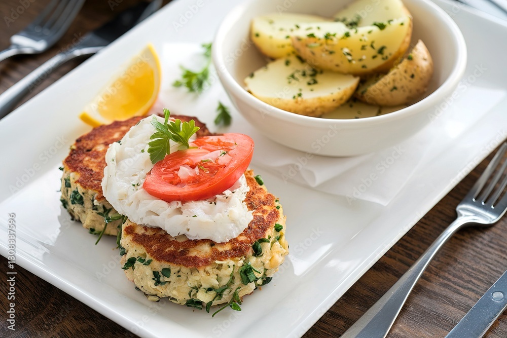 Crab cakes with a side of potatoes Crab cakes with a side of potatoes