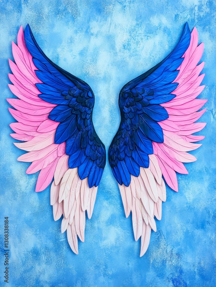 Obraz premium Pink and Blue Angel Wings - A pair of decorative angel wings, painted in shades of pink and blue, against a light blue background