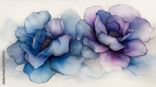 Two abstract blue and purple flowers on white background.