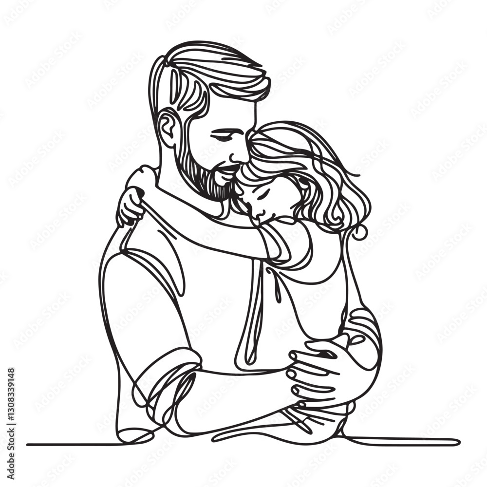 continuous one single black line art doodle drawing of Dad and daughter sharing a heartfelt hug illustration continuous one single black line art doodle drawing of Dad and daughter sharing a heartfelt hug illustration