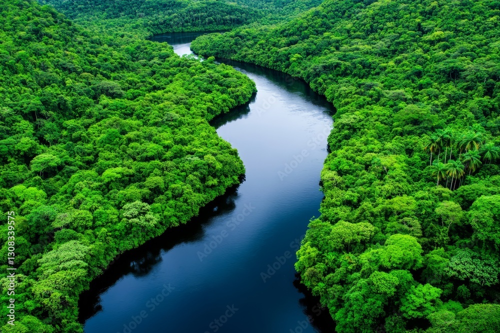 Lush Rainforest River Landscape - Aerial view of a pristine river winding through a vibrant, dense rainforest. Green canopy, clear water Lush Rainforest River Landscape - Aerial view of a pristine river winding through a vibrant, dense rainforest. Green canopy, clear water