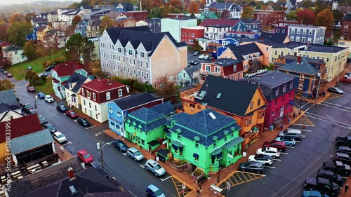 Aerial drone shot over the local town of Lunenburg in Nova Scotia, Canada. Fishing lobster town. Foggy misty day. photo