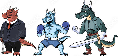 Cartoon dragon mascot characters, professionally themed, include an office worker dragon, a boxer dragon, and a soldier dragon. Cute cartoon dragon characters available in the collection.