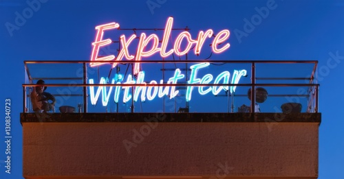 Neon sign explore without fear deep crimson cyan glowing high altitude lookout point softly reflecting glass safety rails photo
