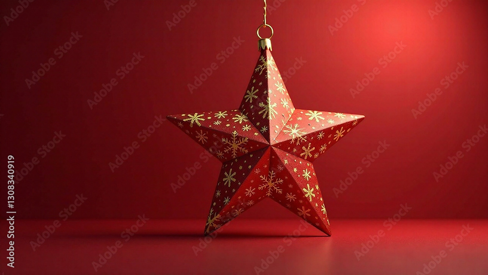A golden star ornament with intricate snowflakes, set against a deep red background.  Minimalist design with depth and a festive Christmas mood.  Warm, ambient lighting creating a cozy atmosphere.  Hi