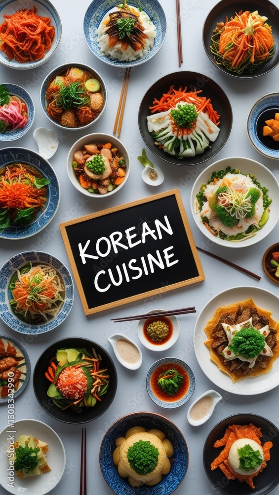 A Beautiful Flat-Lay Display of Traditional Korean Cuisine: A Feast of Flavors and Colors A Beautiful Flat-Lay Display of Traditional Korean Cuisine: A Feast of Flavors and Colors