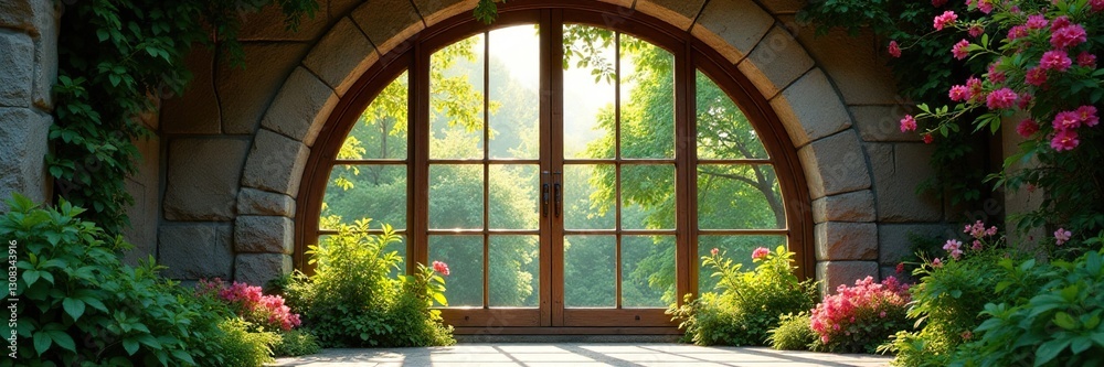 Naklejka premium Large pane window, vibrant foliage, aged stone backdrop , exterior, tropical, vintage