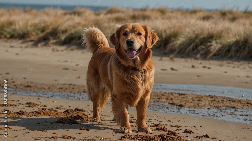A majestic golden retriever with a glossy coat, standing proudly on a sandy beach. A majestic golden retriever with a glossy coat, standing proudly on a sandy beach.