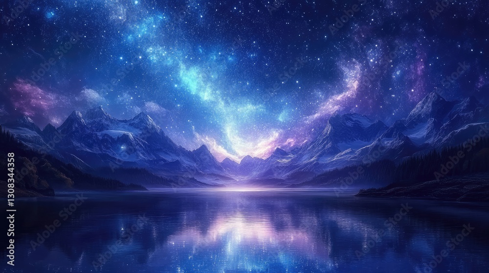 Fototapeta premium A starry sky with the Milky Way arching brightly over a calm lake surrounded by mountains, creating a peaceful celestial landscape