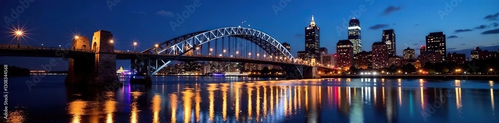 Naklejka premium Illuminated Long Fellow Bridge, Boston skyline reflection, historic, night photography