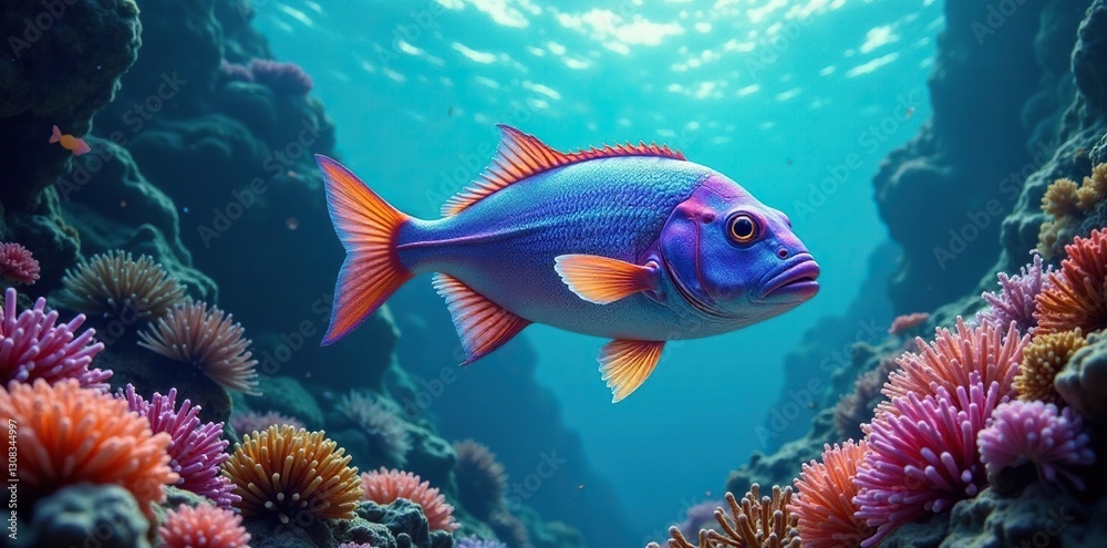 Fototapeta premium Giant iridescent fish swim through clockwork coral reefs , digital, iridescent, illustration