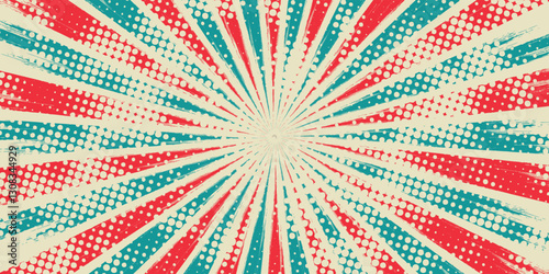 Retro background with curved, rays or stripes in the center. Rotating, spiral stripes. Sunburst or sun burst retro background. Turquoise and red colors. Vector illustration