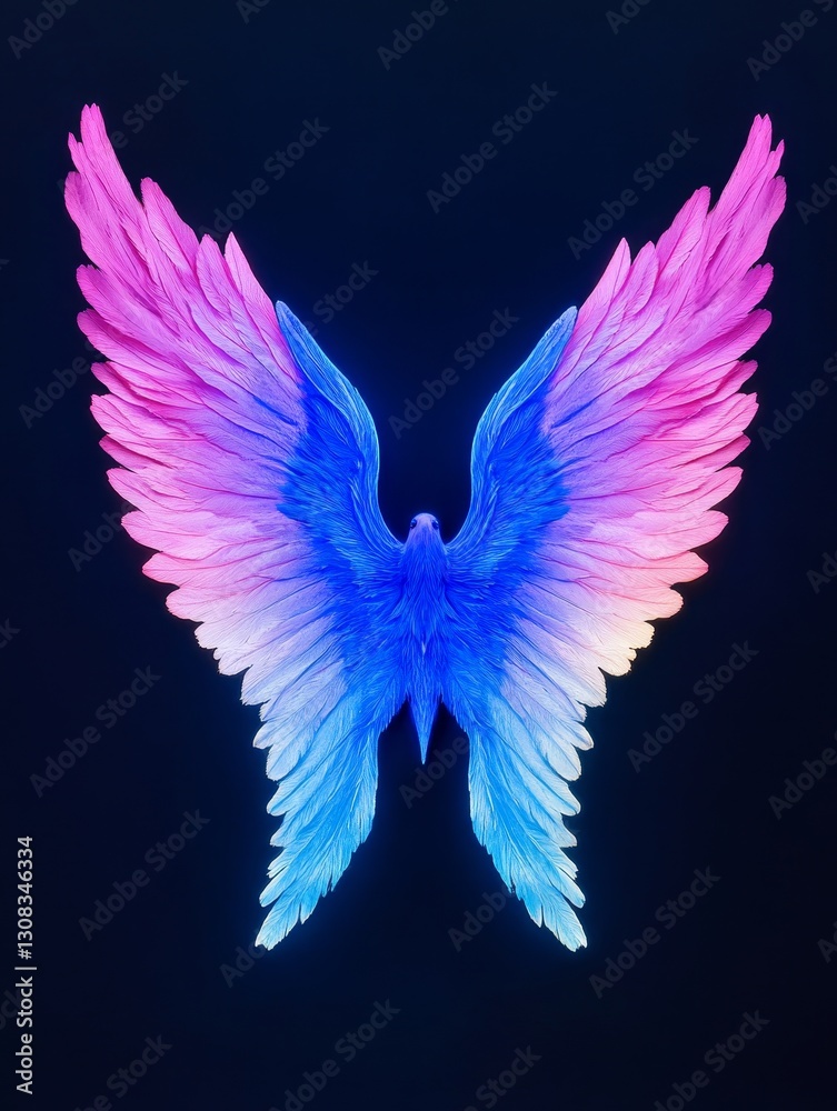 Obraz premium Celestial Wings of Light - A vibrant of a pair of luminous wings, radiating pink, blue and purple hues against a dark background