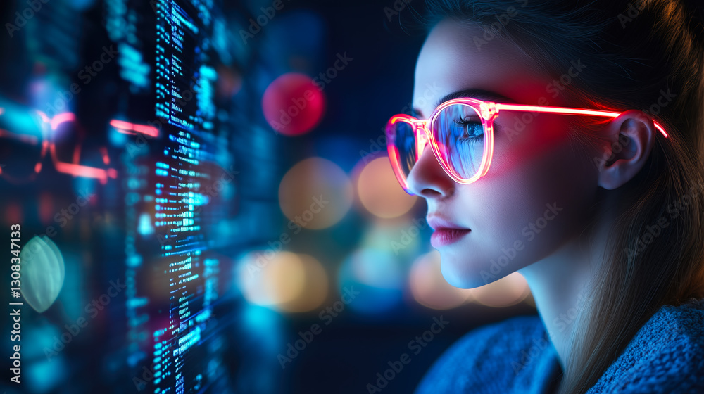 A modern lady interacts with futuristic technology, engaging with holographic displays. The concept of innovation, artificial intelligence, and the evolution of human-technology interaction. A modern lady interacts with futuristic technology, engaging with holographic displays. The concept of innovation, artificial intelligence, and the evolution of human-technology interaction.