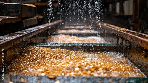 Gold ore separation process with flowing water in an industrial location
