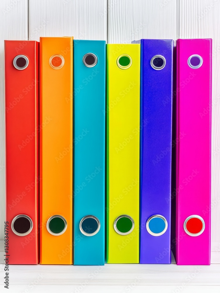 Rainbow Binders on White Shelf - Colorful binders symbolize organization, creativity, efficiency, storage, and productivity. A vibrant perfect for office, school, or business contexts