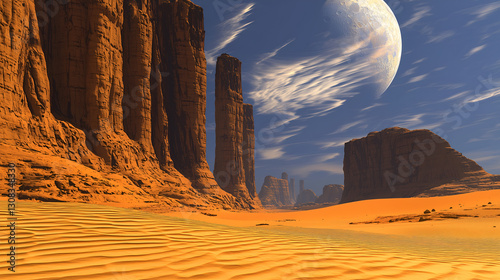 A surreal desert landscape features towering rock formations under a vibrant sky, with a massive planet looming above the sandy terrain.