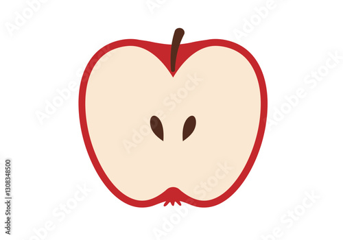 Half apple clipart. This image shows a vector illustration design of a half apple with a red outer skin, brown seeds, and a brown stem. Vector illustration design.