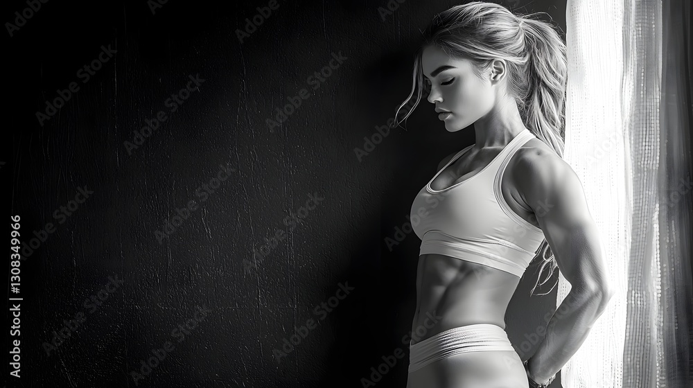 Obraz premium Dramatic black and white close up portrait of a muscular sculpted fitness model showcasing her powerful physique with visible six pack abs