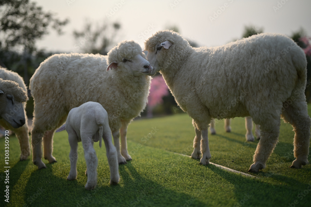 A pair of sheep affectionately nuzzle each other, showing a tender moment of love and connection. A pair of sheep affectionately nuzzle each other, showing a tender moment of love and connection.