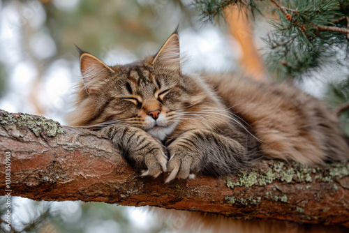 A Norwegian Forest Cat relaxing on a tree branch photo