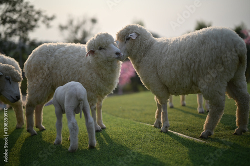 A pair of sheep affectionately nuzzle each other, showing a tender moment of love and connection.