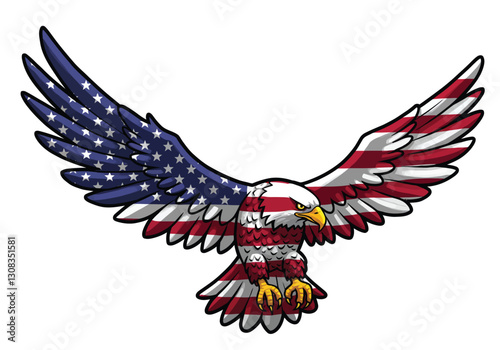 Eagle with American flag clip art. An eagle with wings spread wide, featuring the American flag pattern with stars and stripes. Vector illustration design.