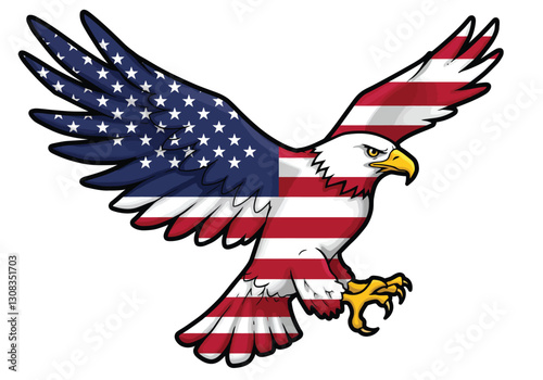 American bald eagle clipart illustration design. This image shows a bald eagle with wings spread, featuring the American flag pattern. Vector illustration design.